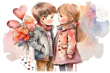 Wall Mural - Illustration of a cute couple of young people in love, valentines day concept. Generative AI.