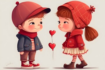 Wall Mural - Illustration of a cute couple of young people in love, valentines day concept. Generative AI.