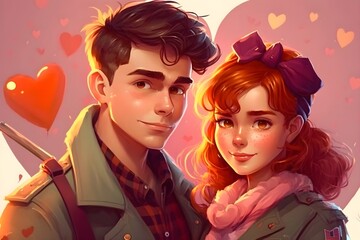 Wall Mural - Illustration of a cute couple of young people in love, valentines day concept. Generative AI.