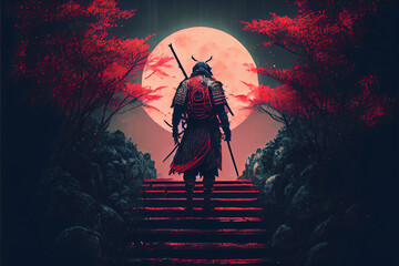 The terrifying ronin stands in the forest at night. Black silhouette of a Japanese warrior samurai against the night forest. High quality ai generated illustration.