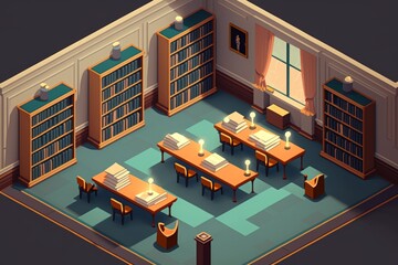 Poster - Interior of empty library with bookshelves and seating arrangement. Generative AI