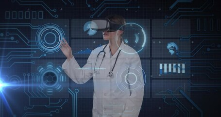 Poster - Animation of caucasian female doctor in vr headset, scientific data processing over blue background