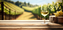 Empty Wood Table Top With A Glass Of Wine On Blurred Vineyard Landscape Background, For Display Or Montage Your Products. Agriculture Winery And Wine Tasting Concept. Digital Art	