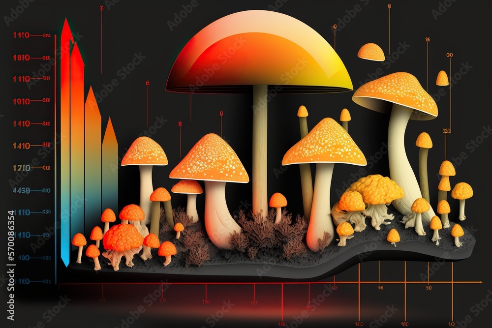 Mushrooms and graphs of temperature growth climate warming, concept of Climate Change and Global Warming, created with Generative AI technology