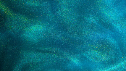 Wall Mural - various stains and overflows of gold particles in green fluid with blue tints. golden particles dust