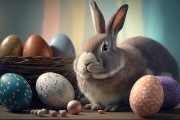 Wall Mural - Easter bunny with easter eggs background , Generative ai	
