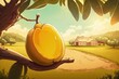 Tropical golden mango fruit that is ripe and hanging from a branch with a picturesque farm and sunlight in the backdrop. Mango dessert and product ideas. Generative AI