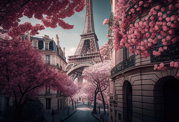 Wall Mural - beautiful paris with pink blossoms created with Generative AI technology