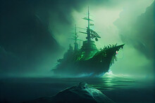 A Warship In The Middle Of A Green Sea. Generative AI.