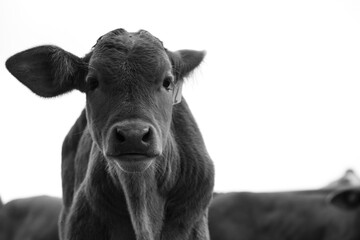 Wall Mural - Beefmaster calf closeup on farm in black and white, isolated against background with copy space.