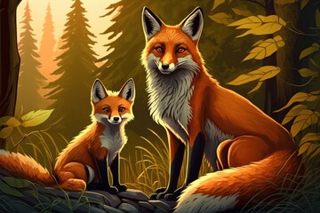 Canvas Print - Red fox mother with her youngster. Generative AI