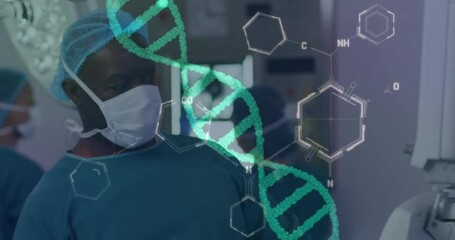 Poster - Animation of dna strand and chemical formula over diverse surgeons operating on patient at hospital