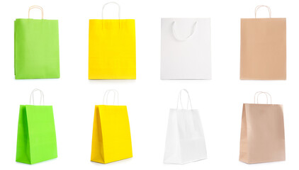 Wall Mural - Collage of paper shopping bags on white background