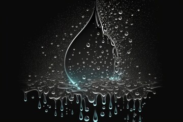 Canvas Print - Water splash and a stream of water splashes isolated on a dark surface. an image of droplets on black. Generative AI