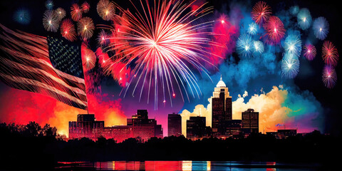 Wall Mural - Colorful patriotic fireworks display for Independence Day (July fourth), 4th of  July Americana