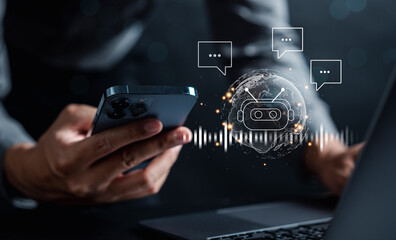 Aufkleber - Businessman using chatbot in smartphone intelligence Ai.Chat GPT Chat with AI Artificial Intelligence, developed by OpenAI generate. Futuristic technology, robot in online system.