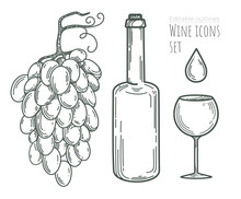 Vector Wine Set Of Line Elements With Editable Outlines. Grape Bunch, Glass Bottle, High-stemmed Glass, Drink Drop On White Background. Artistic Decorative Sketches For Cafe Menu Layout Design.