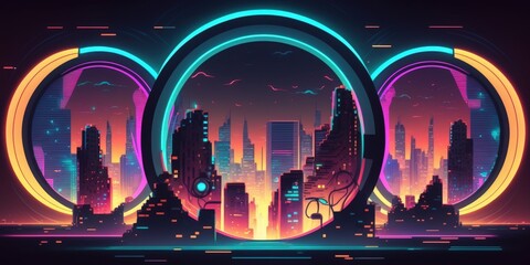 Sticker - Neon circle lights in a neon cyber city. Generative AI