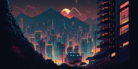 Wall Mural - Skyscraper in Hong Kong's cyberpunk city at night. Generative AI