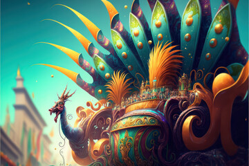 Brazilian carnival floats with beautiful samba themed sculptures and colorful embellishments.