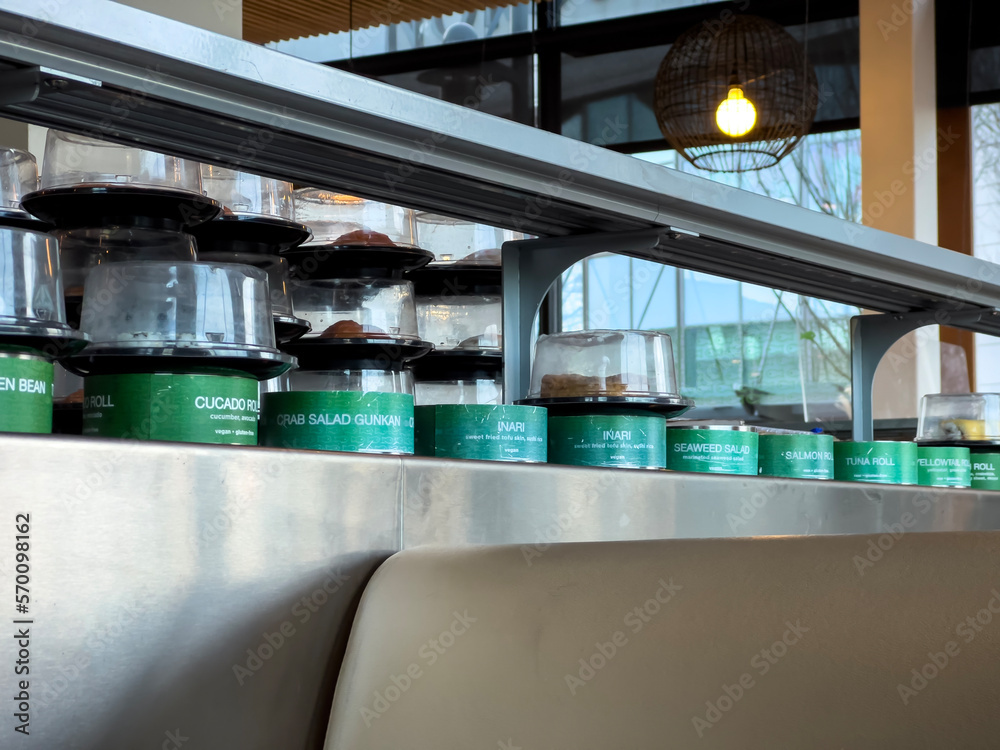 Lynnwood, WA USA - circa January 2023: Selective focus on fresh sushi ...