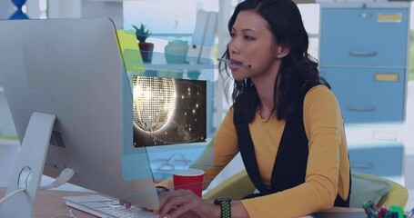 Poster - Animation of social media posts over asian business woman using computer