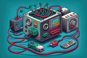 Poster - internet connection, computer, and cable for cloud computing and cyber security. hardware, wire, and