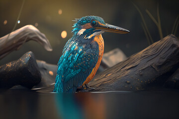 Wall Mural - Close-up view of Kingfisher bird Filigree on the branch, AI-generated.