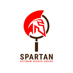 Poster - Red Spartan Helmet and Magnifying Glass Combination as Modern Search Symbol Logo Design.