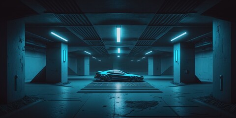 Poster - Sci Fi Future Modern Simple Underground Realistic Light Glowing On Cement Concrete With Neon Blue Lasers Background illustration Dark Room Hangar Parking Car Showroom Tiled. Generative AI