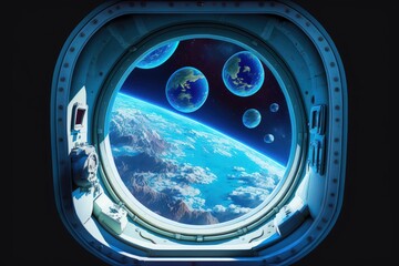 Wall Mural - future inside of a dark blue spaceship with a window view of earth. generative ai