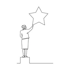 Wall Mural - Continuous single one line drawing of business woman reaching star. Vector illustration concept of business reward, success, career goal.