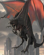 Illustration of black dragon with red wings attacking the City. Generative AI