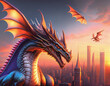 Dragon over the Modern City. Monster attacking town during sunset. Generative AI