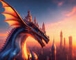 Dragon over the City. Monster attacking town during sunset. Generative AI