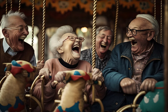 a group of elderly men and women, tourists senior citizens, laughing and enjoying a merry go round i