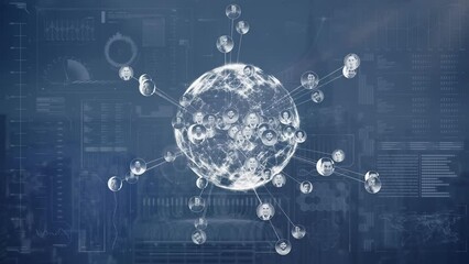Poster - Animation of profile icons over spinning globe against interface with data processing
