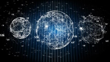 Poster - Animation of three globes of network of connections spinning over blue striped on black background