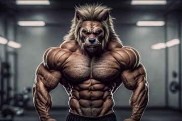 Portrait of a strong male lion in a gym. Bodybuilding concept. Generative AI