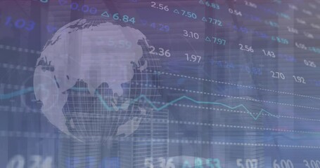 Poster - Animation of statistical and stock market data processing over spinning globe against tall buildings