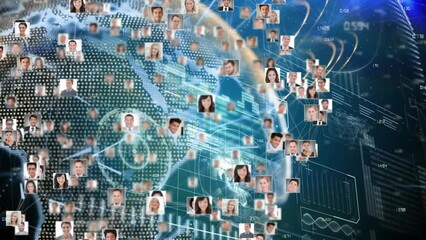 Poster - Animation of globe of business profile icons spinning against interface with data processing