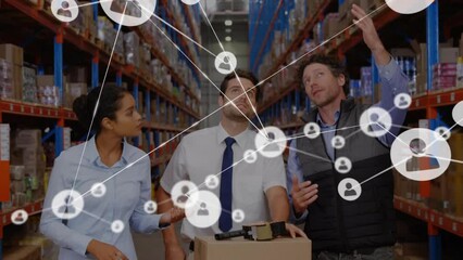 Poster - animation of network of connections with icons over diverse workers talking in warehouse