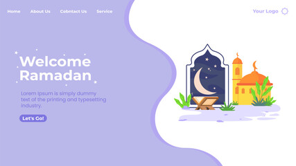 Wall Mural - Islamic Concept illustration with Quran and mosque for Ramadan Kareem funneling landing page, web banner, social media advertising, Banner and presentation