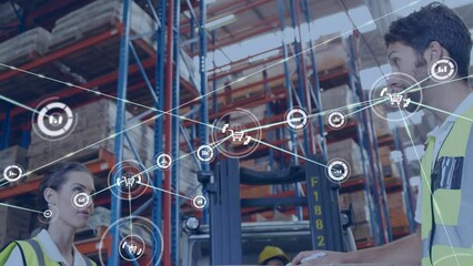 Poster - Animation of network of connections with icons over man and woman working in warehouse