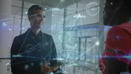 Poster - Animation of networks of connections with icons over diverse business people