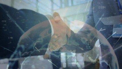 Poster - Animation of globe with networks of connections over businessmen shaking hands