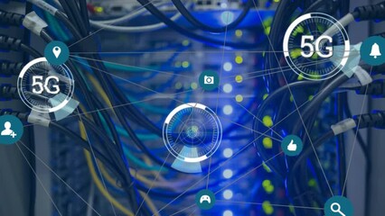 Poster - Animation of 5g text, scopes and data processing over computer server