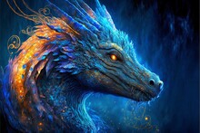 Close Up Of A Dragons Head On A Blue Background. Generative Ai.