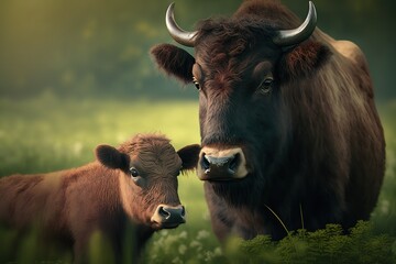 Wall Mural - Baby and mother aurochs, European bison, feed on green field, baby nurture