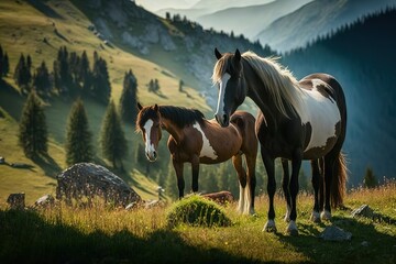 Wall Mural - Beautiful horses on a mountain pasture in summer morning